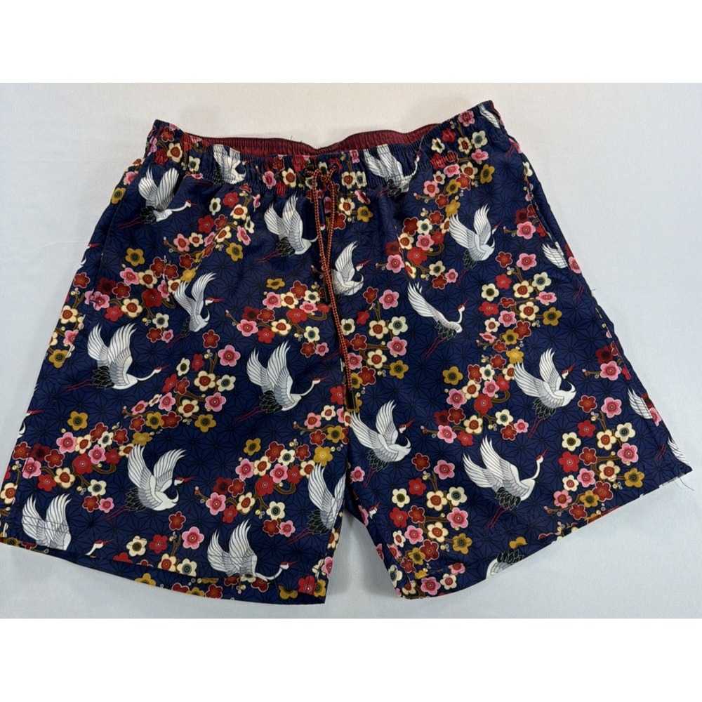 Broken Threads Swim Trunks Men's M Blue Floral Bird Lined Shorts